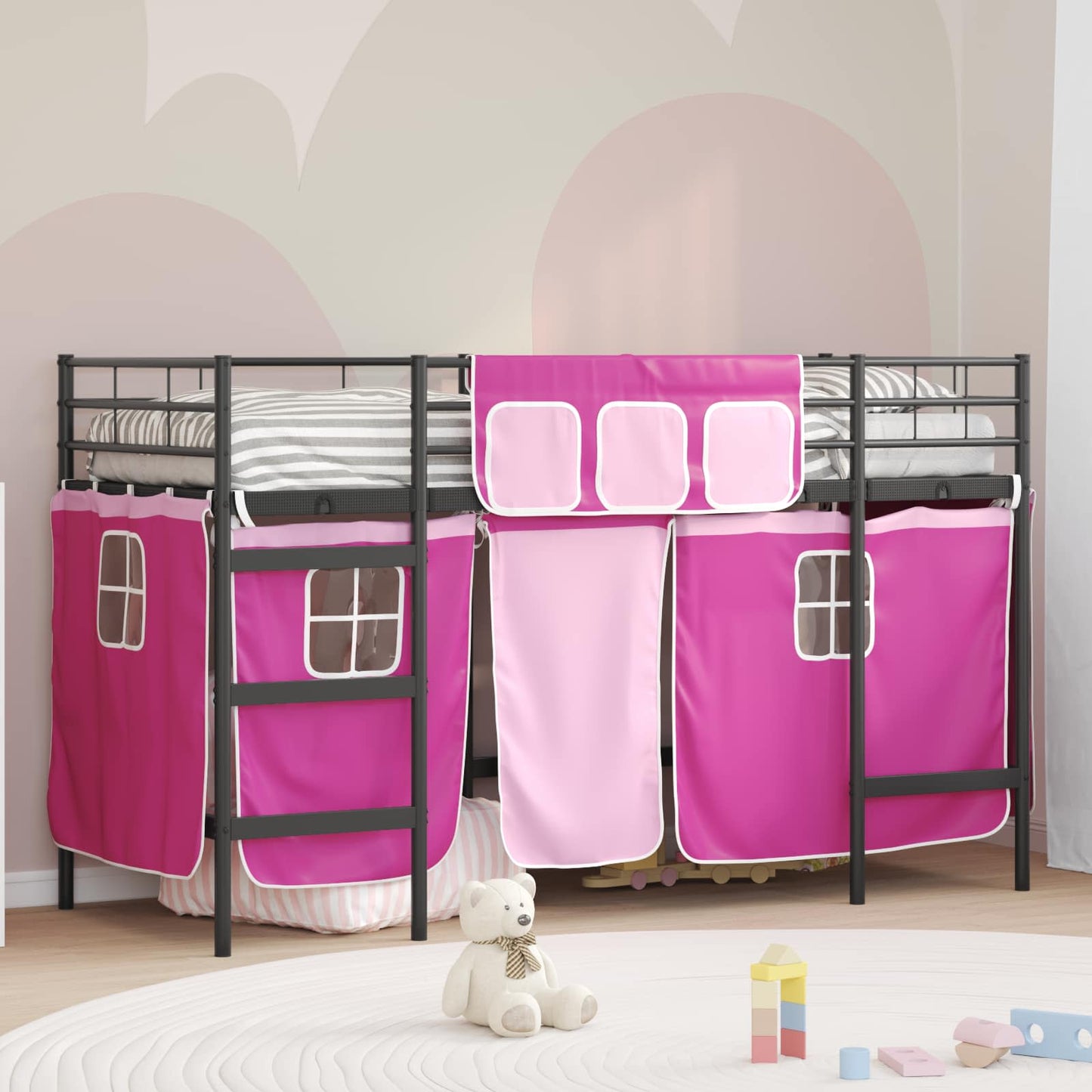 vidaXL Kids'Loft Bed Frame with Curtains Black and Pink 100 x 190 cm