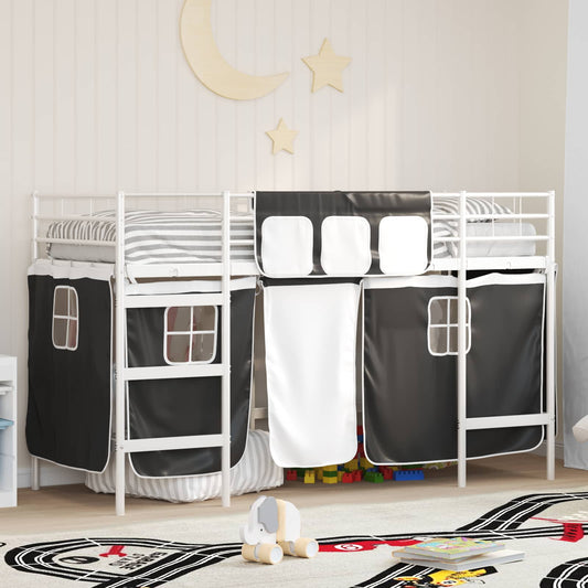 vidaXL Kids'Loft Bed Frame with Curtains White and Black 75 x 190 cm