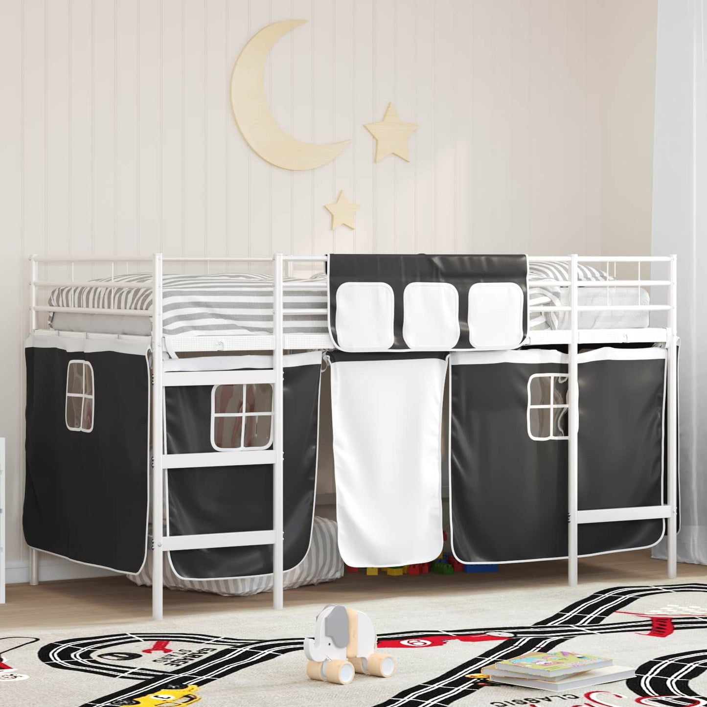 vidaXL Kids'Loft Bed Frame with Curtains White and Black 80 x 200 cm