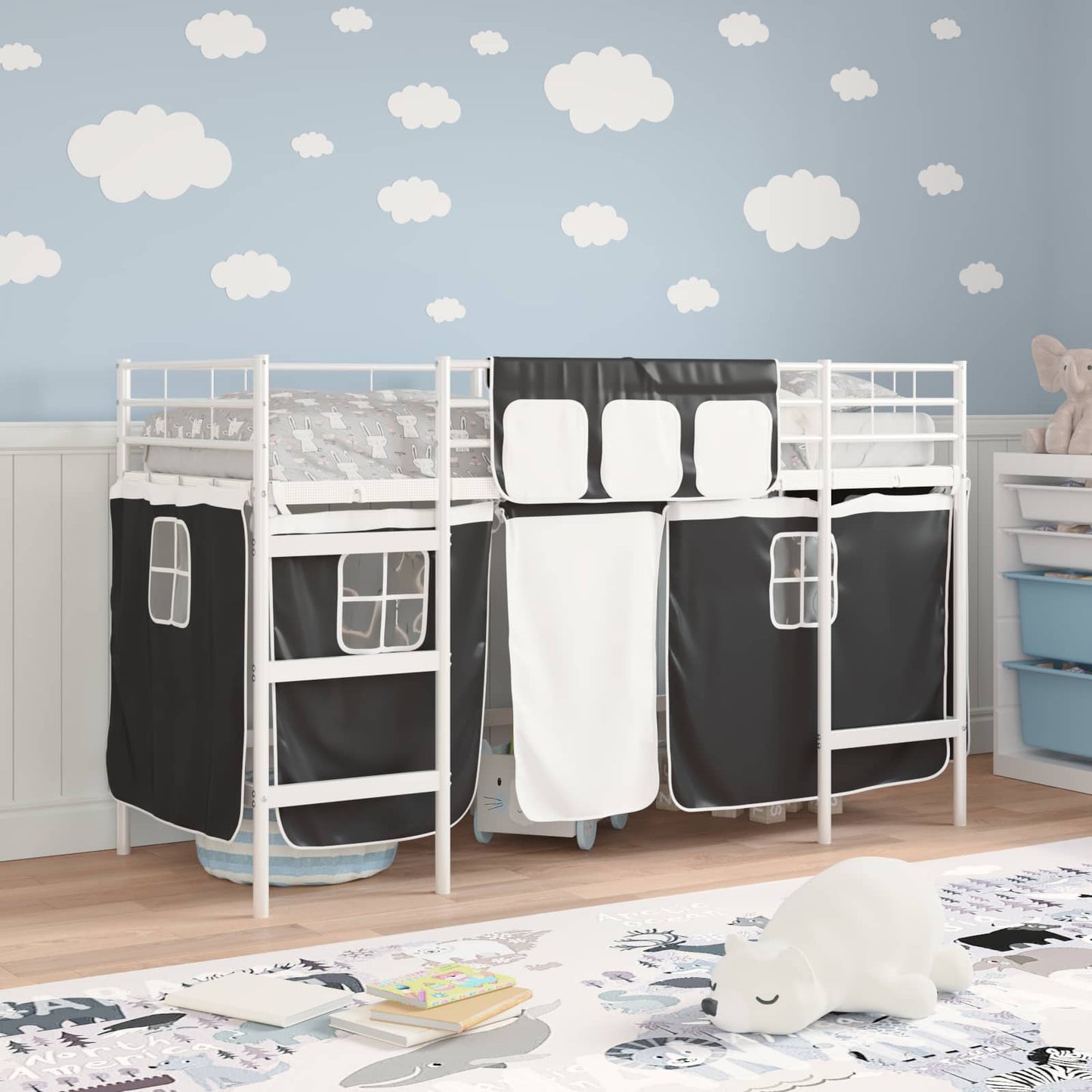 vidaXL Kids'Loft Bed Frame with Curtains White and Black 90 x 190 cm