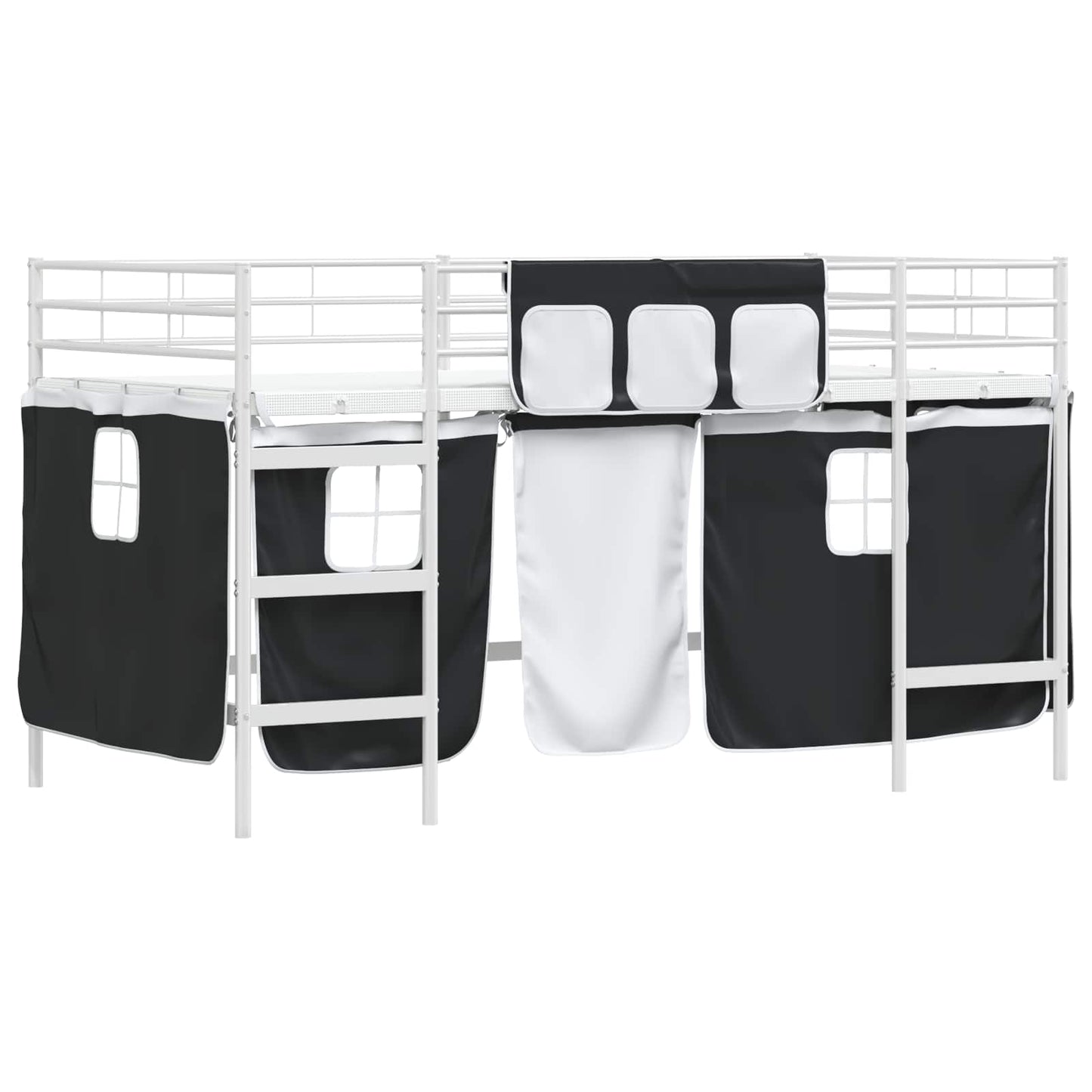 vidaXL Kids'Loft Bed Frame with Curtains White and Black 90 x 200 cm