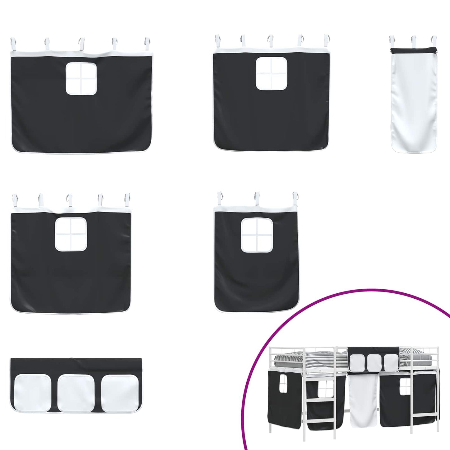vidaXL Kids'Loft Bed Frame with Curtains White and Black 90 x 200 cm