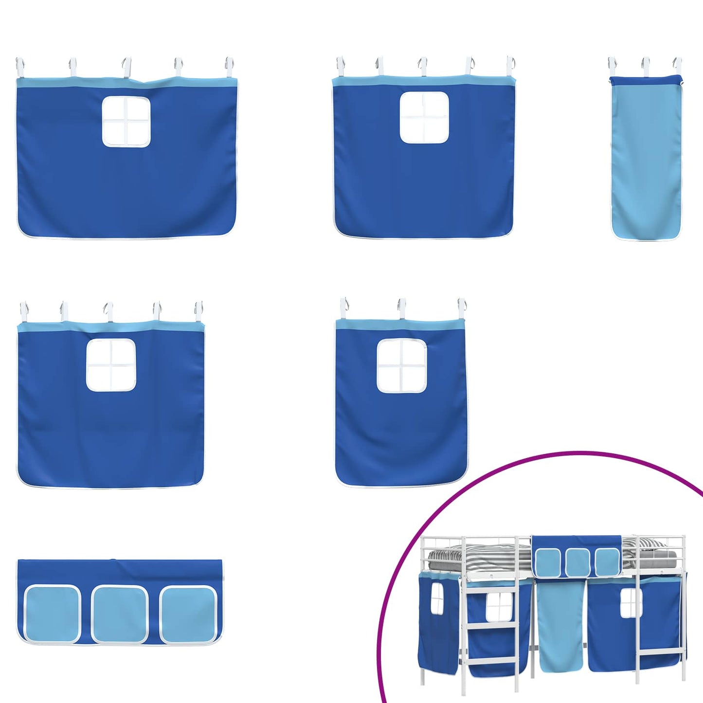 vidaXL Kids'Loft Bed Frame with Curtains White and Blue 75 x 190 cm