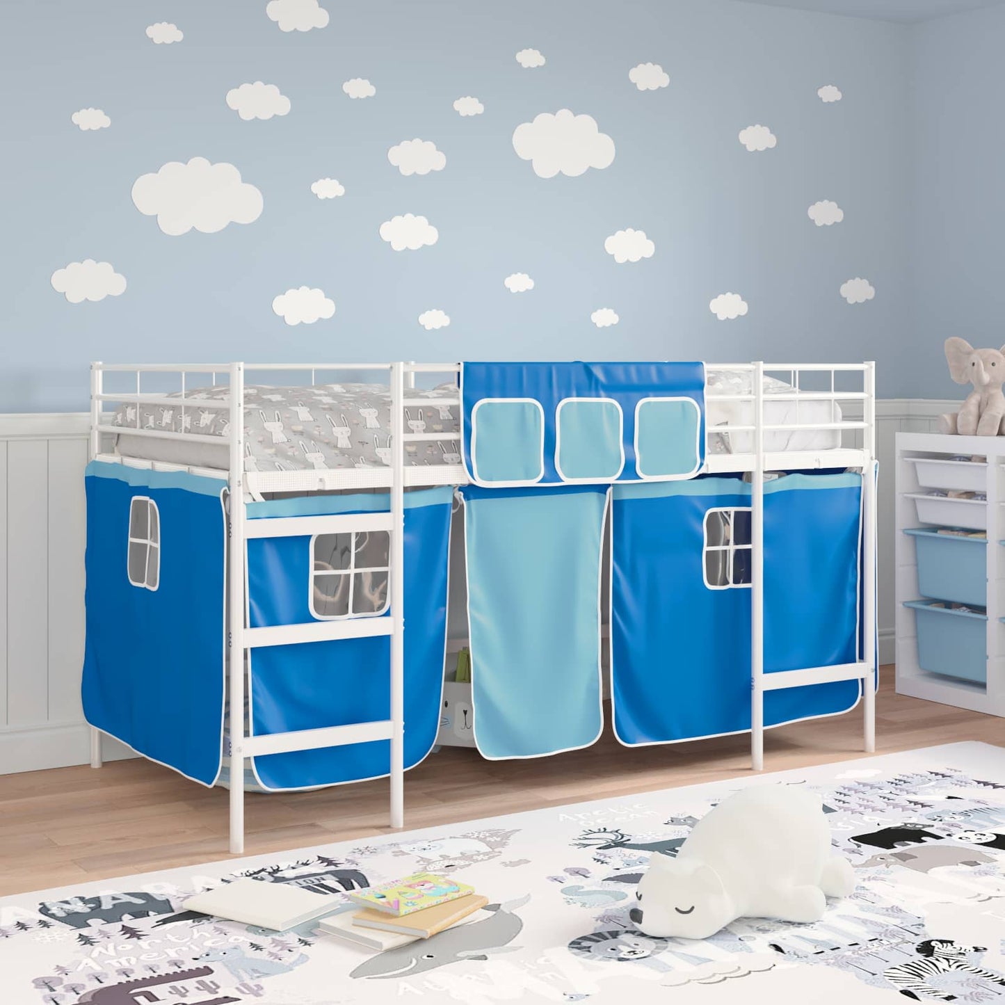 vidaXL Kids'Loft Bed Frame with Curtains White and Blue 80 x 200 cm