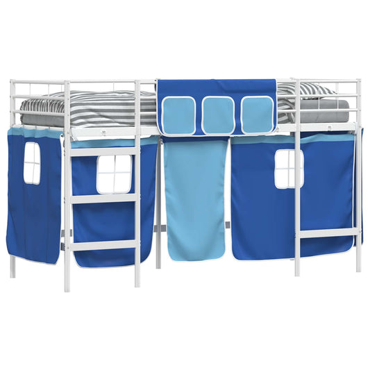 vidaXL Kids'Loft Bed Frame with Curtains White and Blue 90 x 190 cm