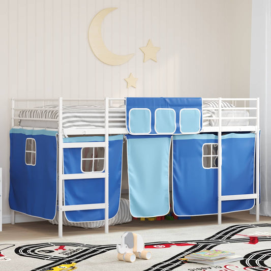 vidaXL Kids'Loft Bed Frame with Curtains White and Blue 90 x 200 cm