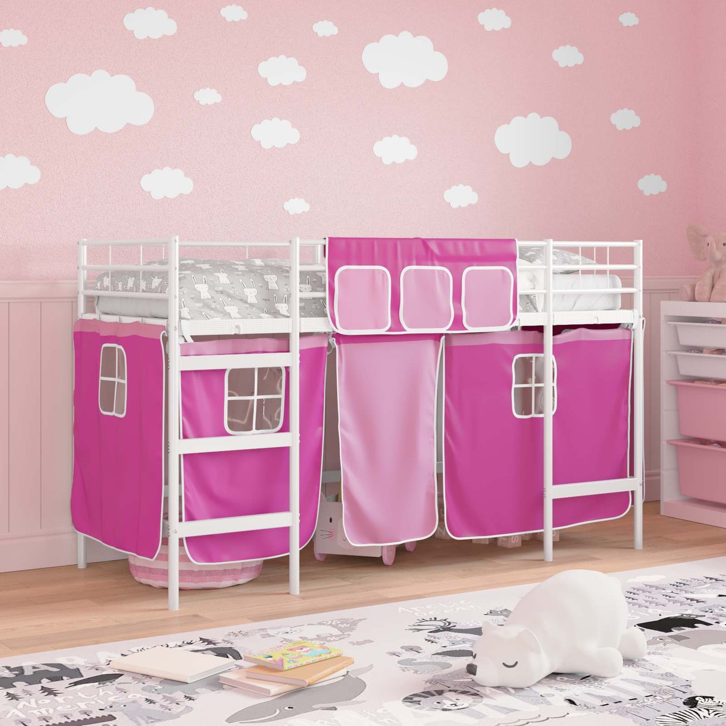 vidaXL Kids'Loft Bed Frame with Curtains White and Pink 75 x 190 cm
