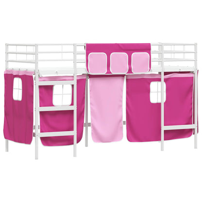 vidaXL Kids'Loft Bed Frame with Curtains White and Pink 75 x 190 cm