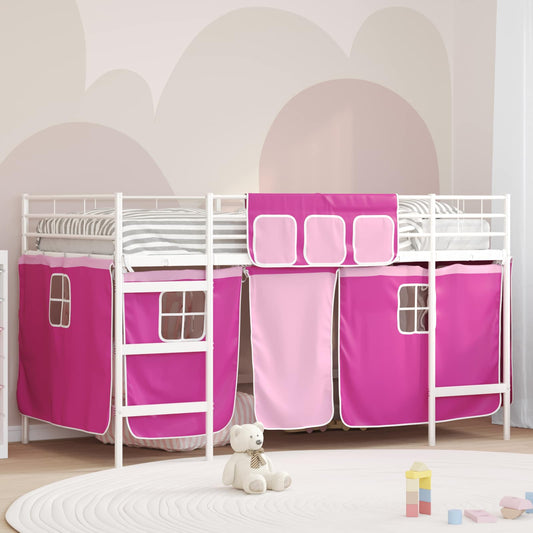 vidaXL Kids'Loft Bed Frame with Curtains White and Pink 80 x 200 cm