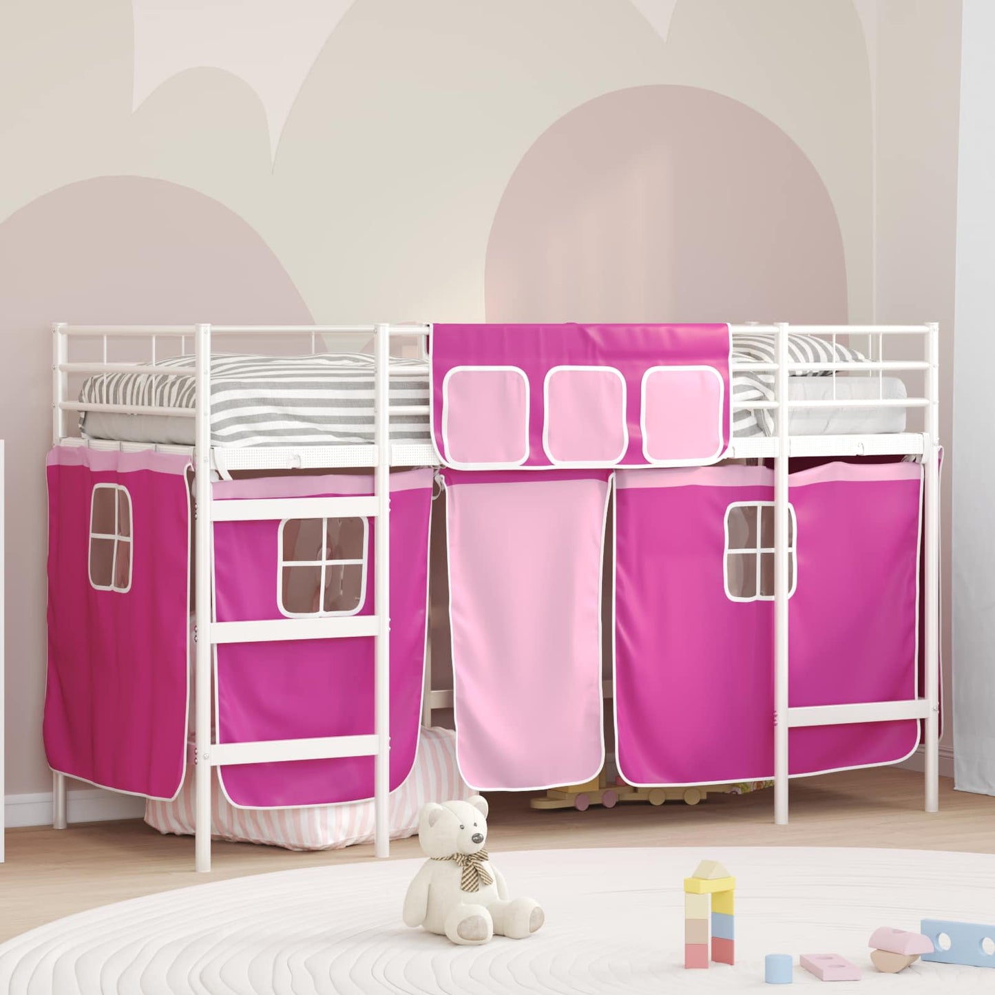 vidaXL Kids'Loft Bed Frame with Curtains White and Pink 90 x 190 cm