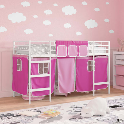 vidaXL Kids'Loft Bed Frame with Curtains White and Pink 100 x 190 cm