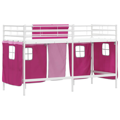 vidaXL Kids'Loft Bed Frame with Curtains White and Pink 100 x 190 cm