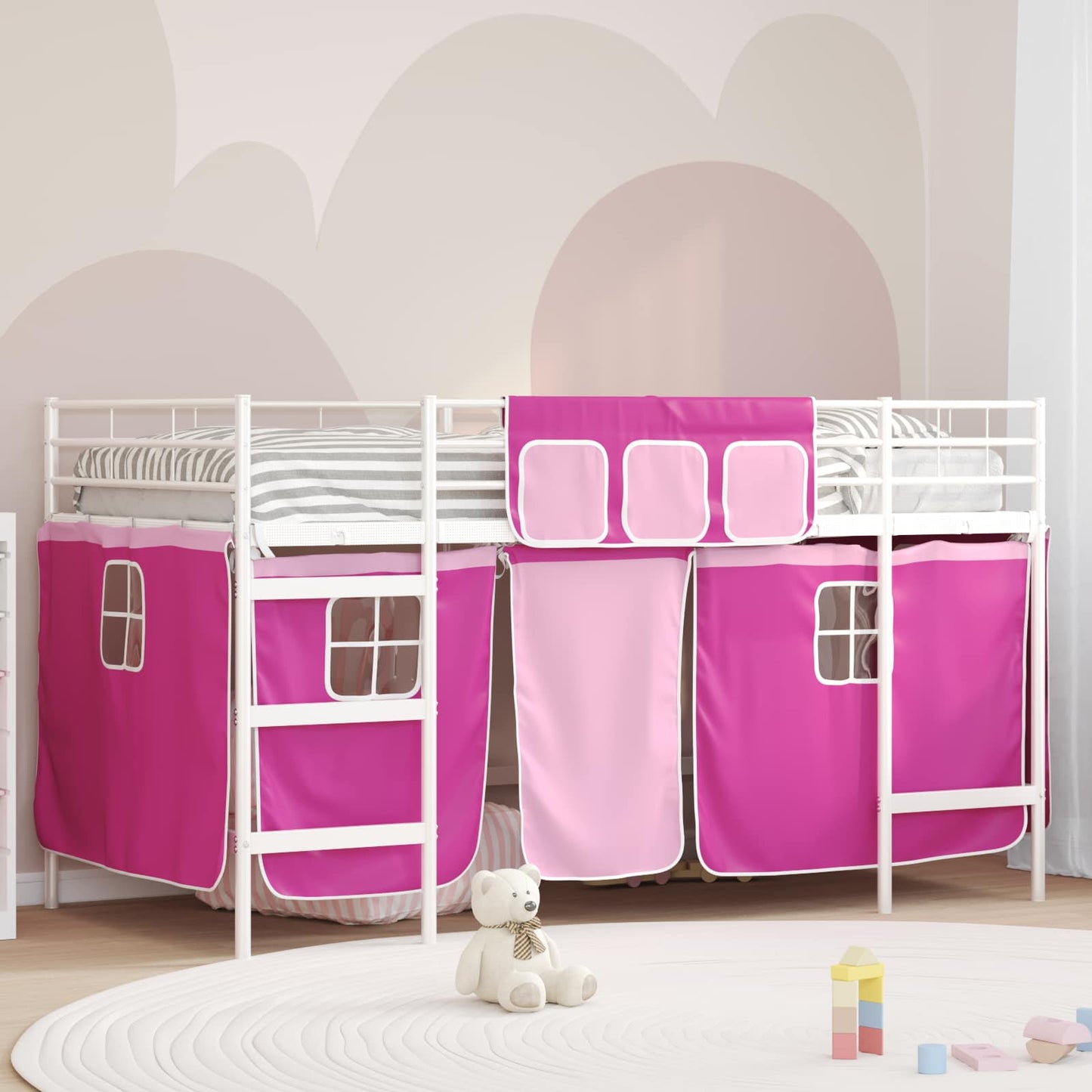 vidaXL Kids'Loft Bed Frame with Curtains White and Pink 107 x 200 cm
