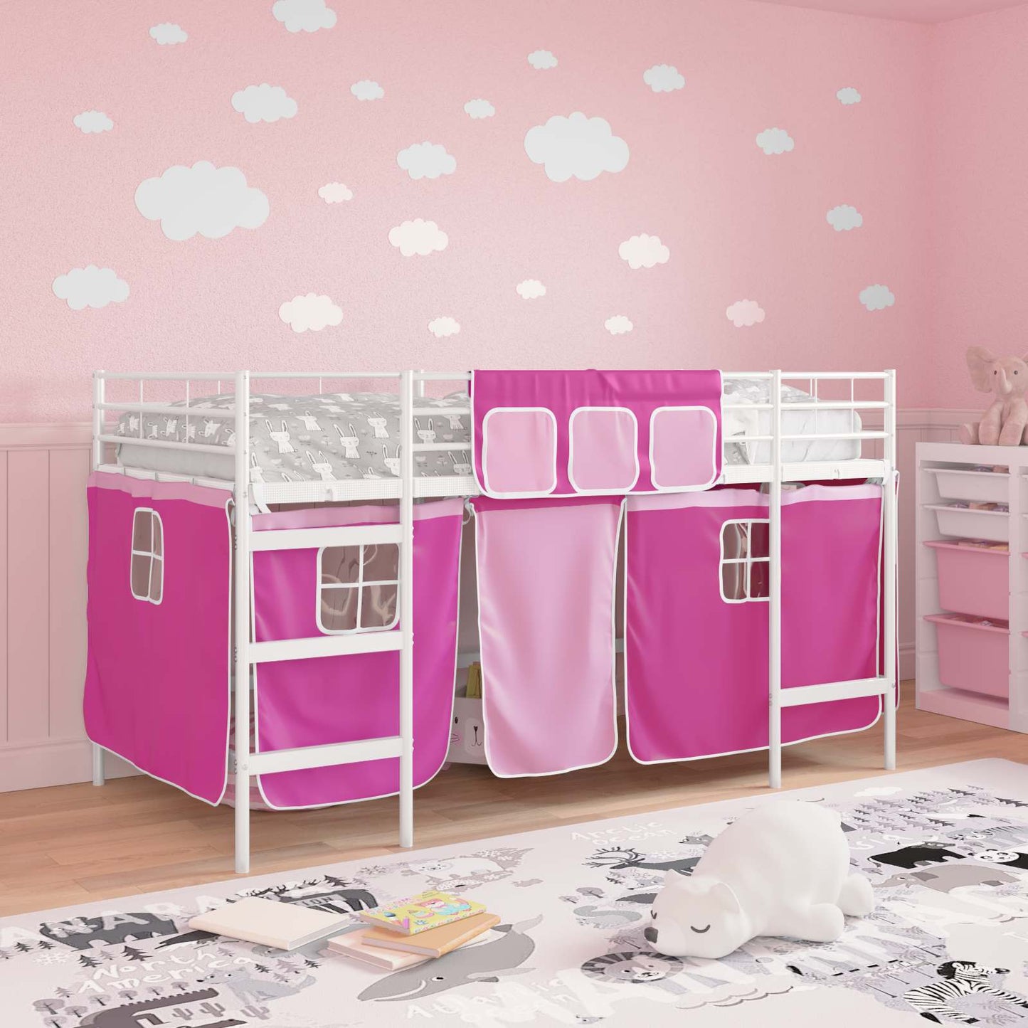 vidaXL Kids'Loft Bed Frame with Curtains White and Pink 107 x 200 cm