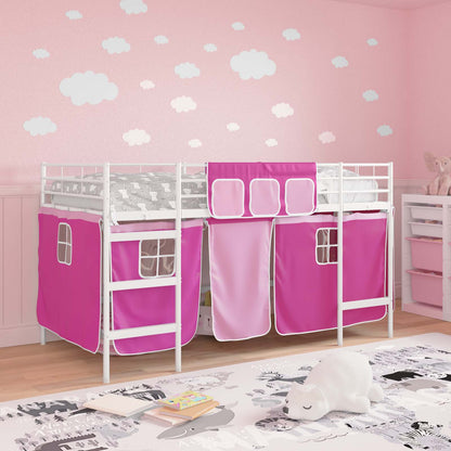 vidaXL Kids'Loft Bed Frame with Curtains White and Pink 107 x 200 cm