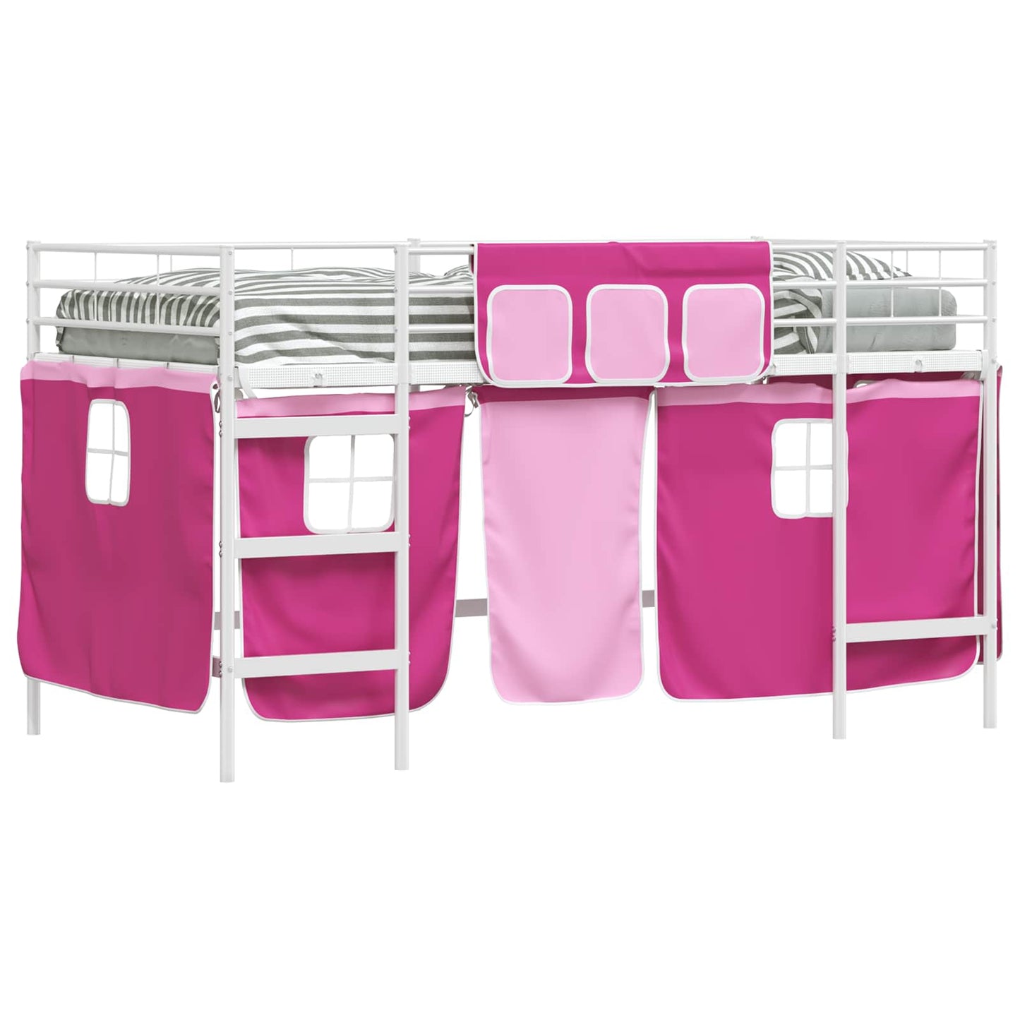 vidaXL Kids'Loft Bed Frame with Curtains White and Pink 107 x 200 cm