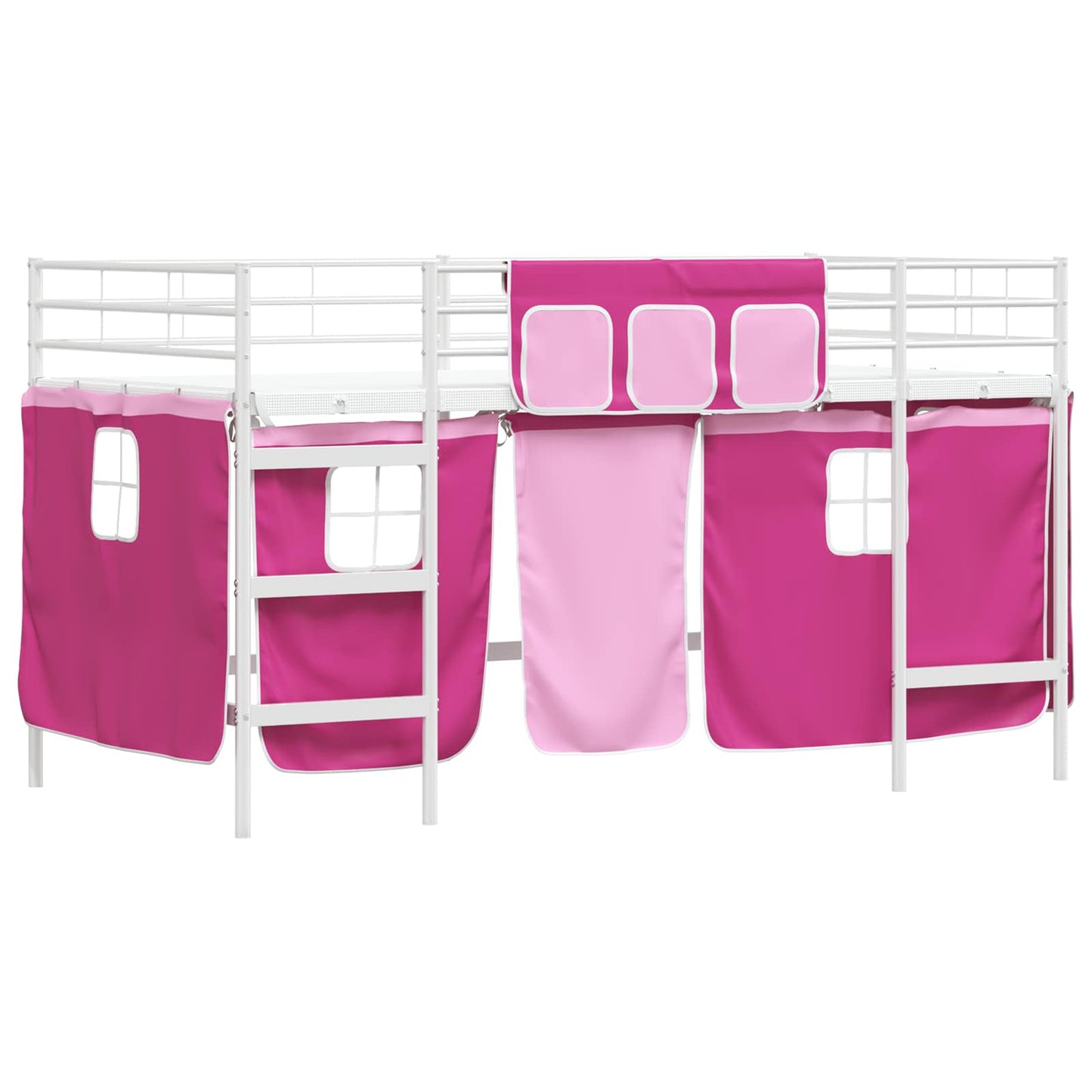 vidaXL Kids'Loft Bed Frame with Curtains White and Pink 107 x 200 cm