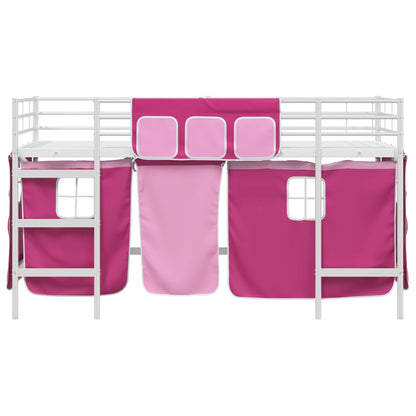 vidaXL Kids'Loft Bed Frame with Curtains White and Pink 107 x 200 cm