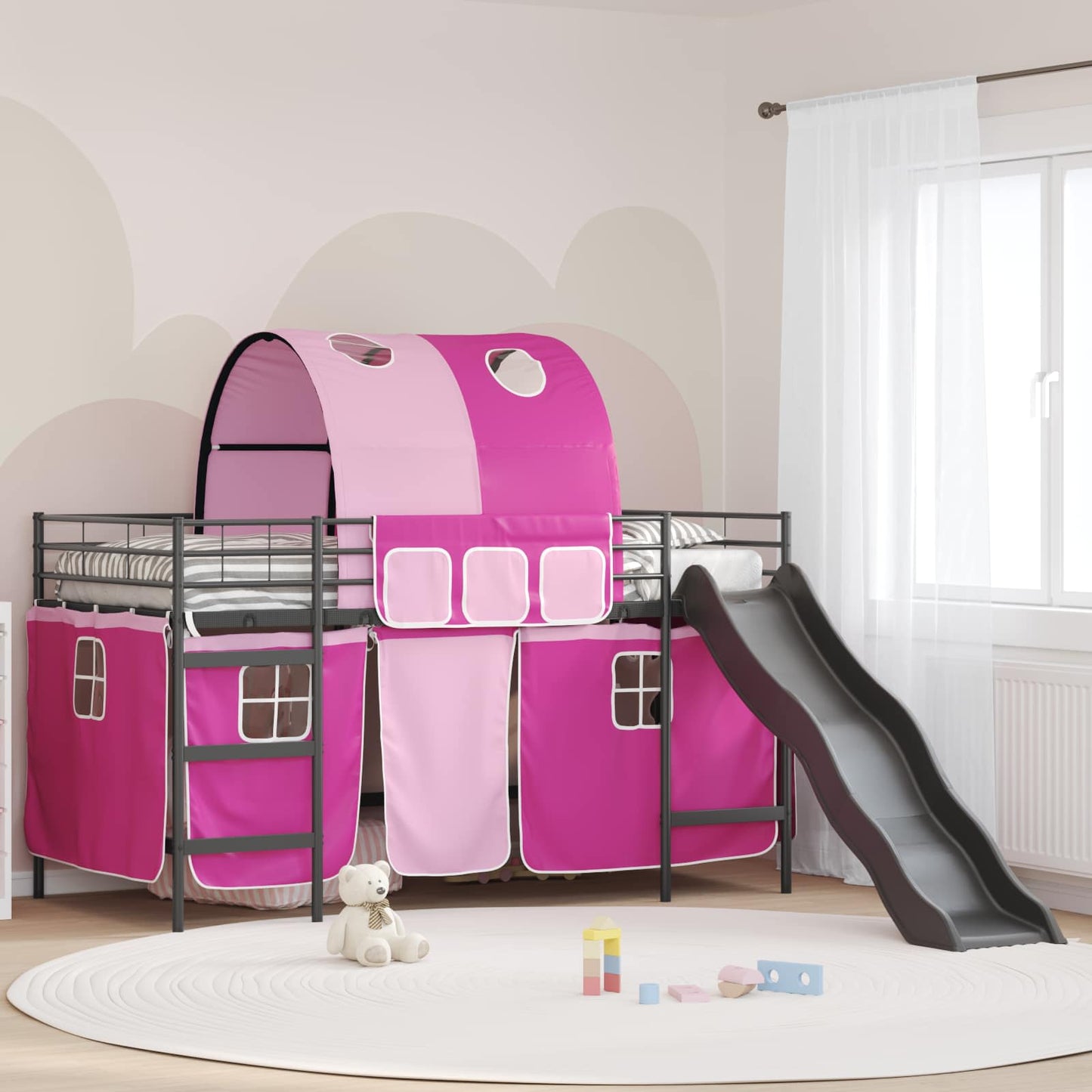 vidaXL Kids'Loft Bed Frame Black and Pink 90 x 200 cm Metal