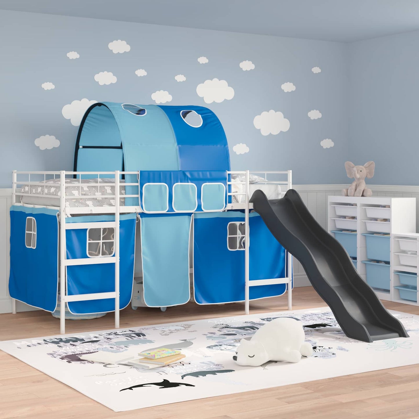 vidaXL Kids'Loft Bed Frame White and Blue 90 x 200 cm Metal