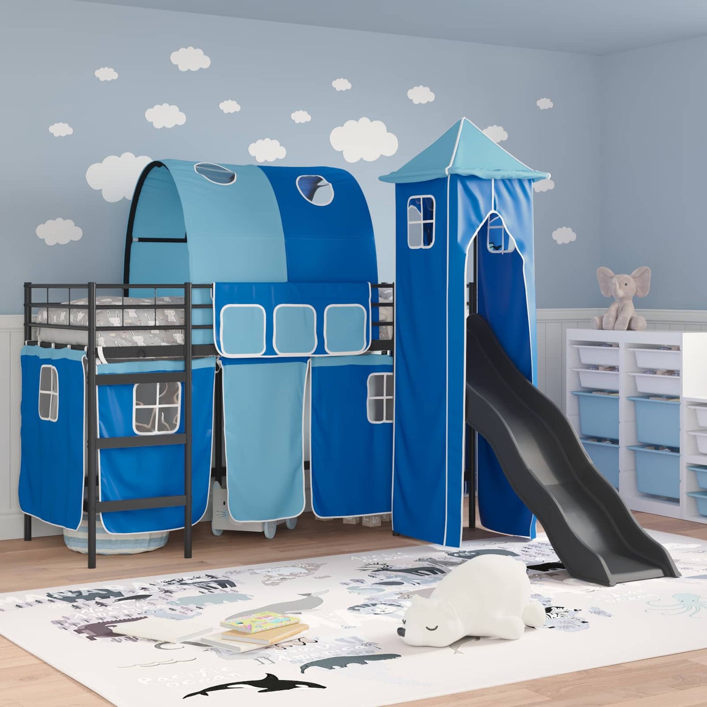 vidaXL Kids'Loft Bed Frame Plain Black and Blue 90 x 190 cm Metal