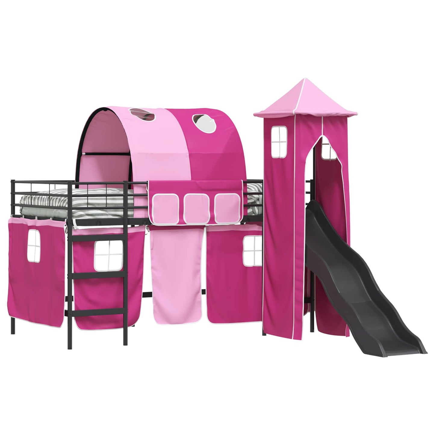 vidaXL Kids'Loft Bed Frame with Curtains, Arch, Slide, Tower