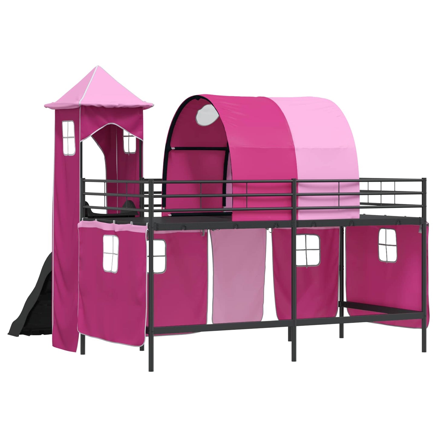 vidaXL Kids'Loft Bed Frame with Curtains, Arch, Slide, Tower