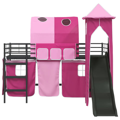 vidaXL Kids'Loft Bed Frame with Curtains, Arch, Slide, Tower