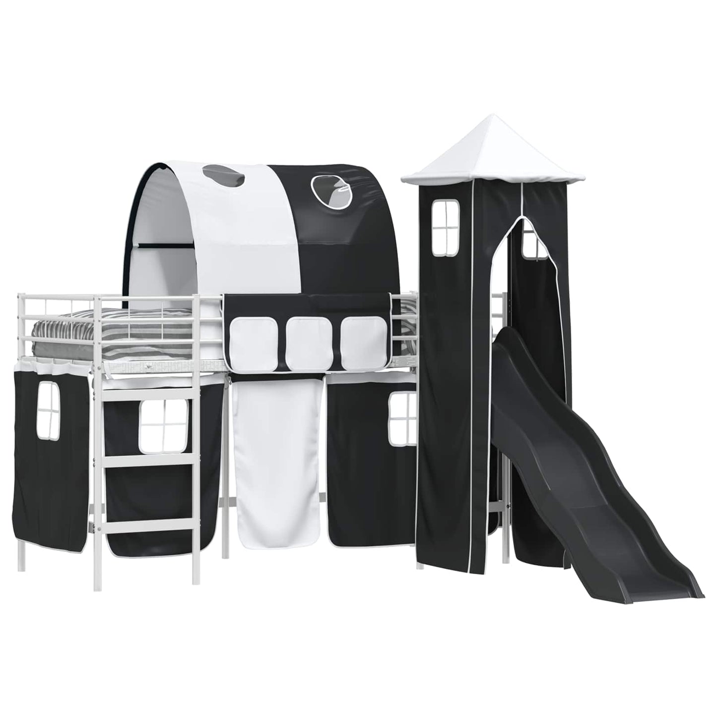 vidaXL Kids'Loft Bed Frame with Curtains, Arch, Slide, Tower