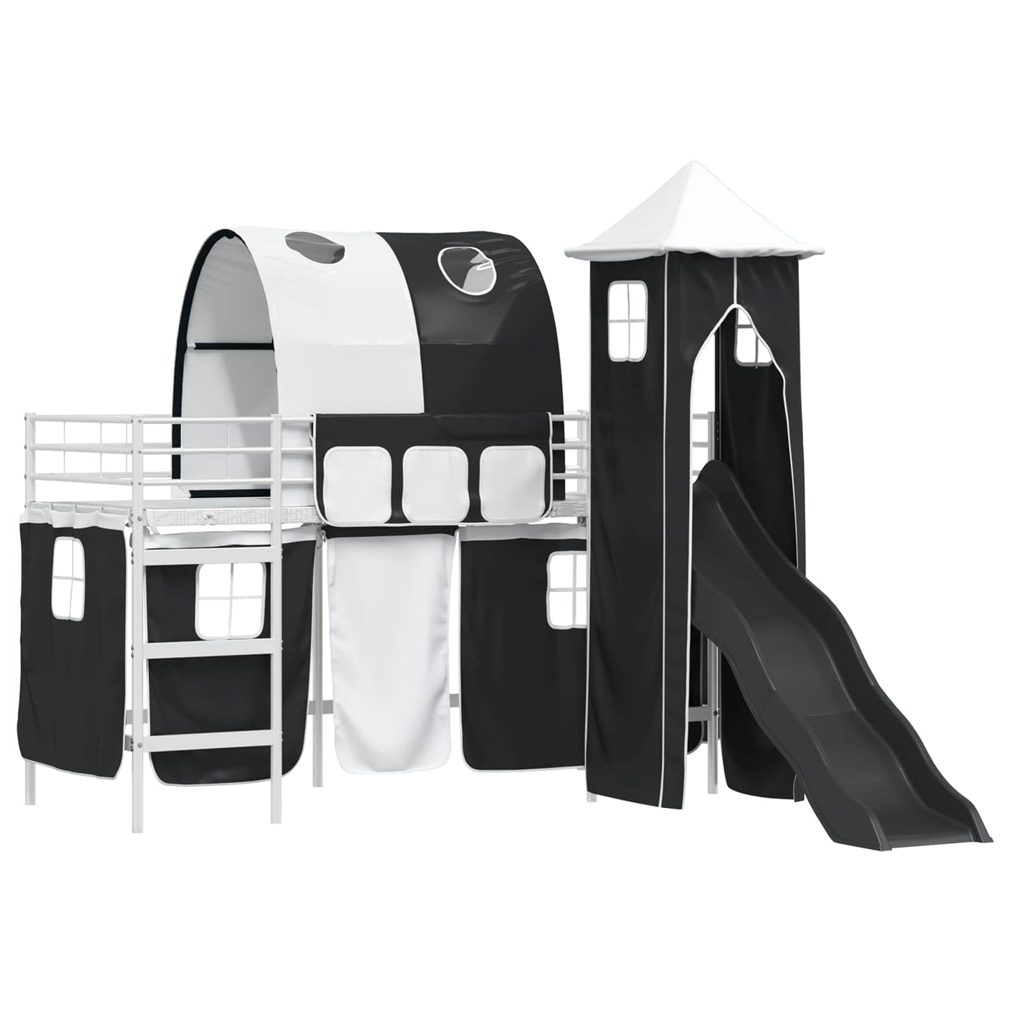 vidaXL Kids'Loft Bed Frame with Curtains, Arch, Slide, Tower