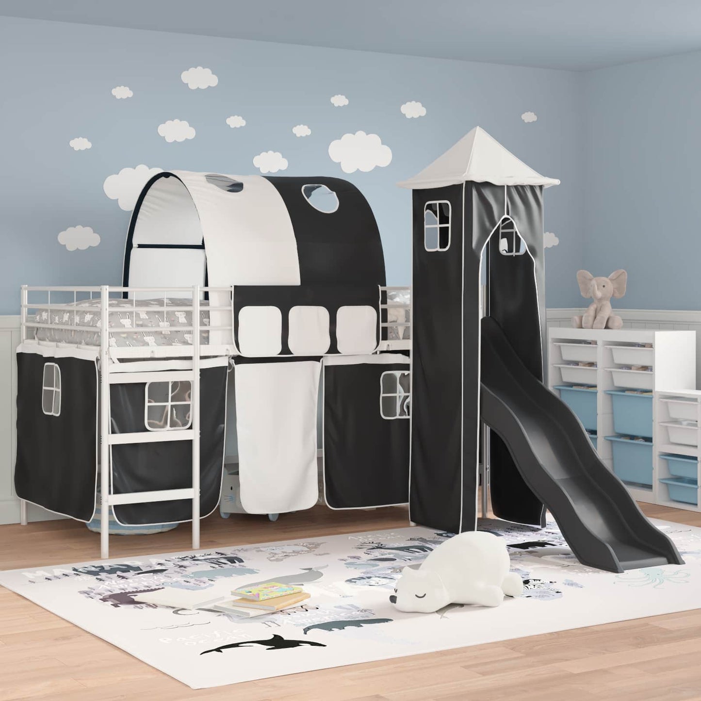 vidaXL Kids'Loft Bed Frame with Curtains, Arch, Slide, Tower