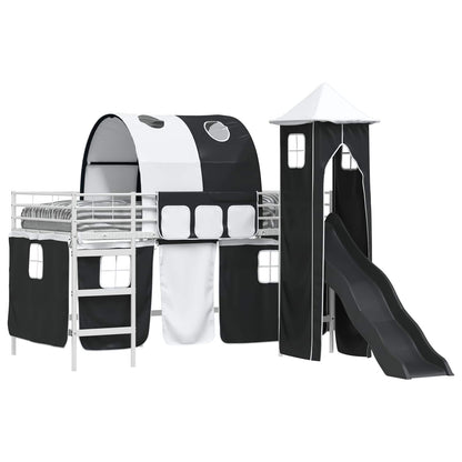 vidaXL Kids'Loft Bed Frame with Curtains, Arch, Slide, Tower