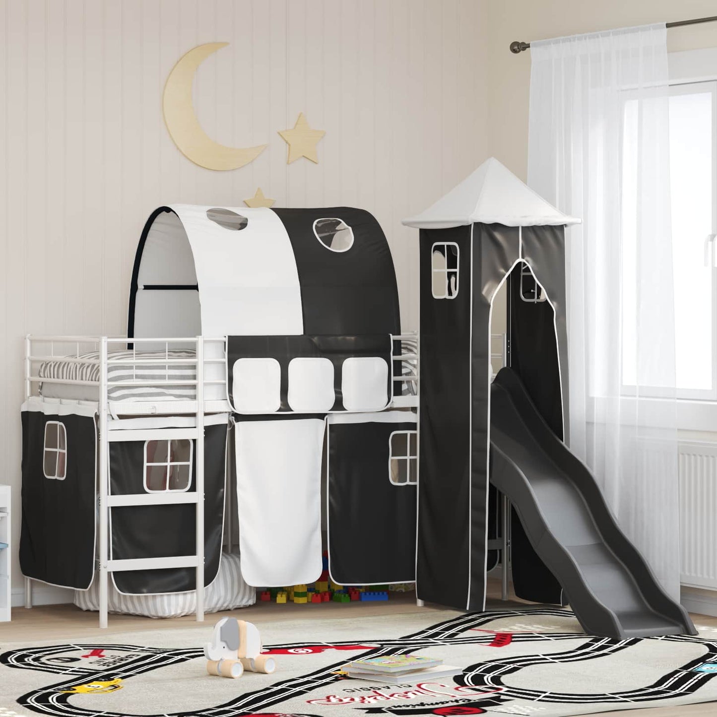 vidaXL Kids'Loft Bed Frame Plain White and Black 100 x 190 cm Metal