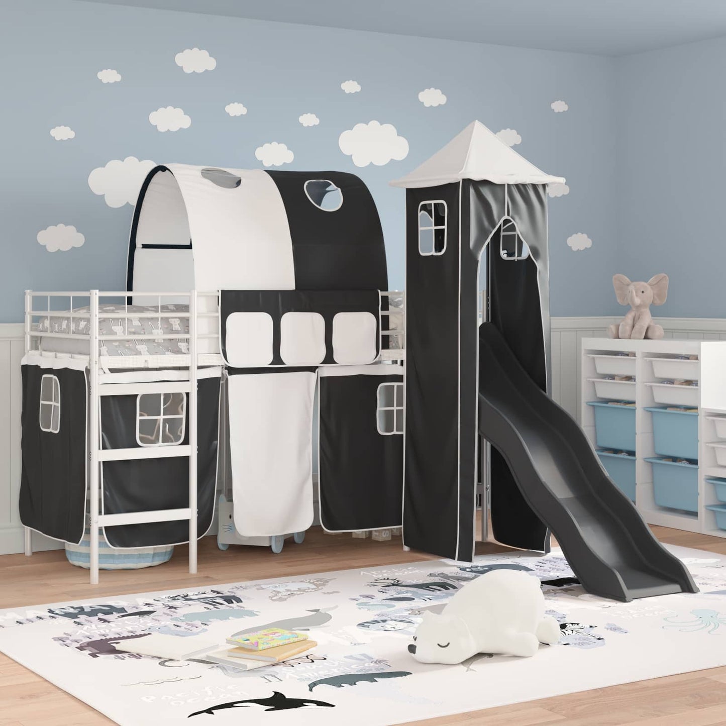 vidaXL Kids'Loft Bed Frame Plain White and Black 100 x 190 cm Metal