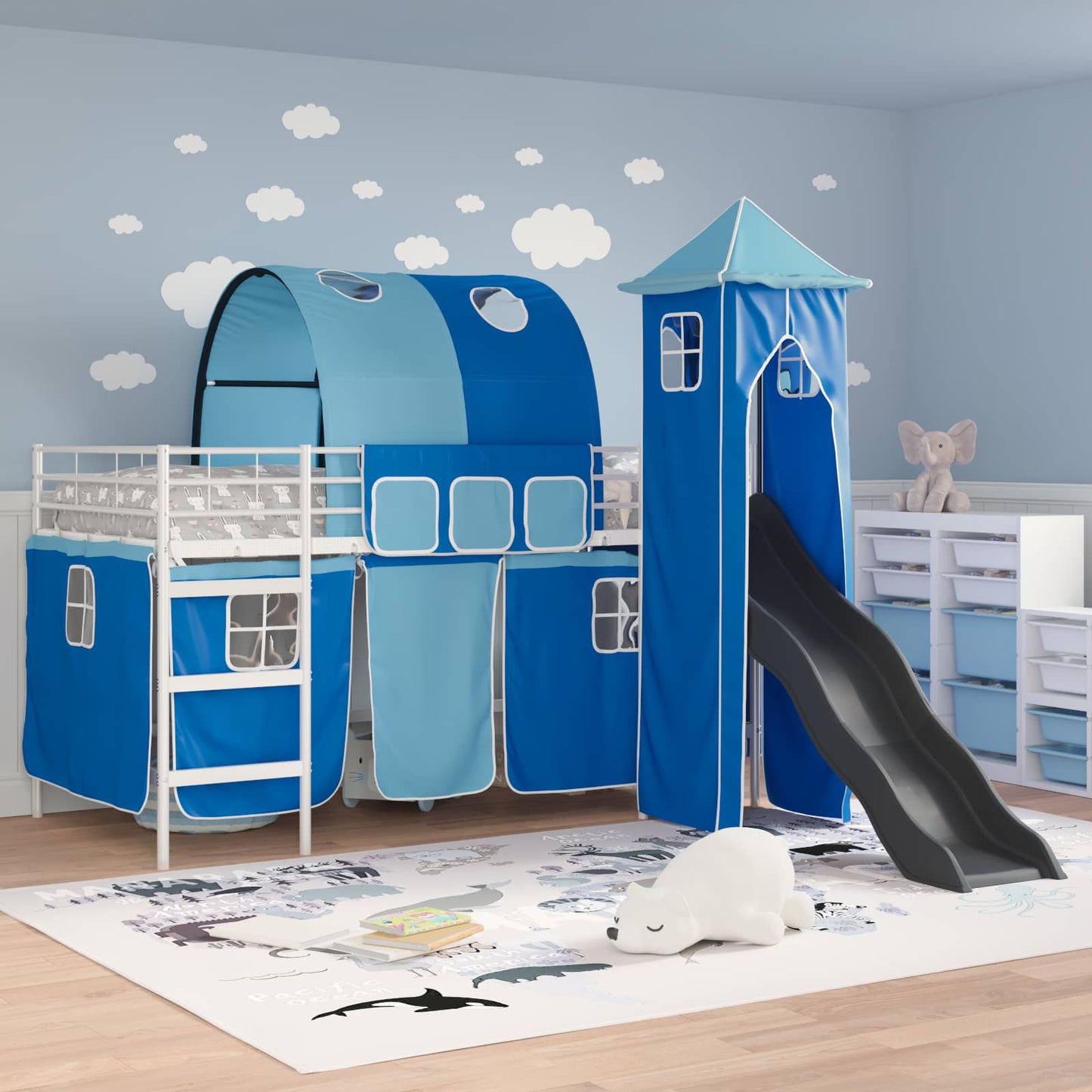 vidaXL Kids'Loft Bed Frame White and Blue 100 x 200 cm Metal