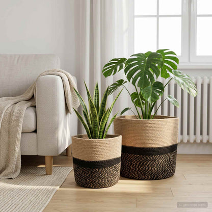 vidaXL Plant Pot Set 2 pcs Natural and Black Ø 28 x 28 cm