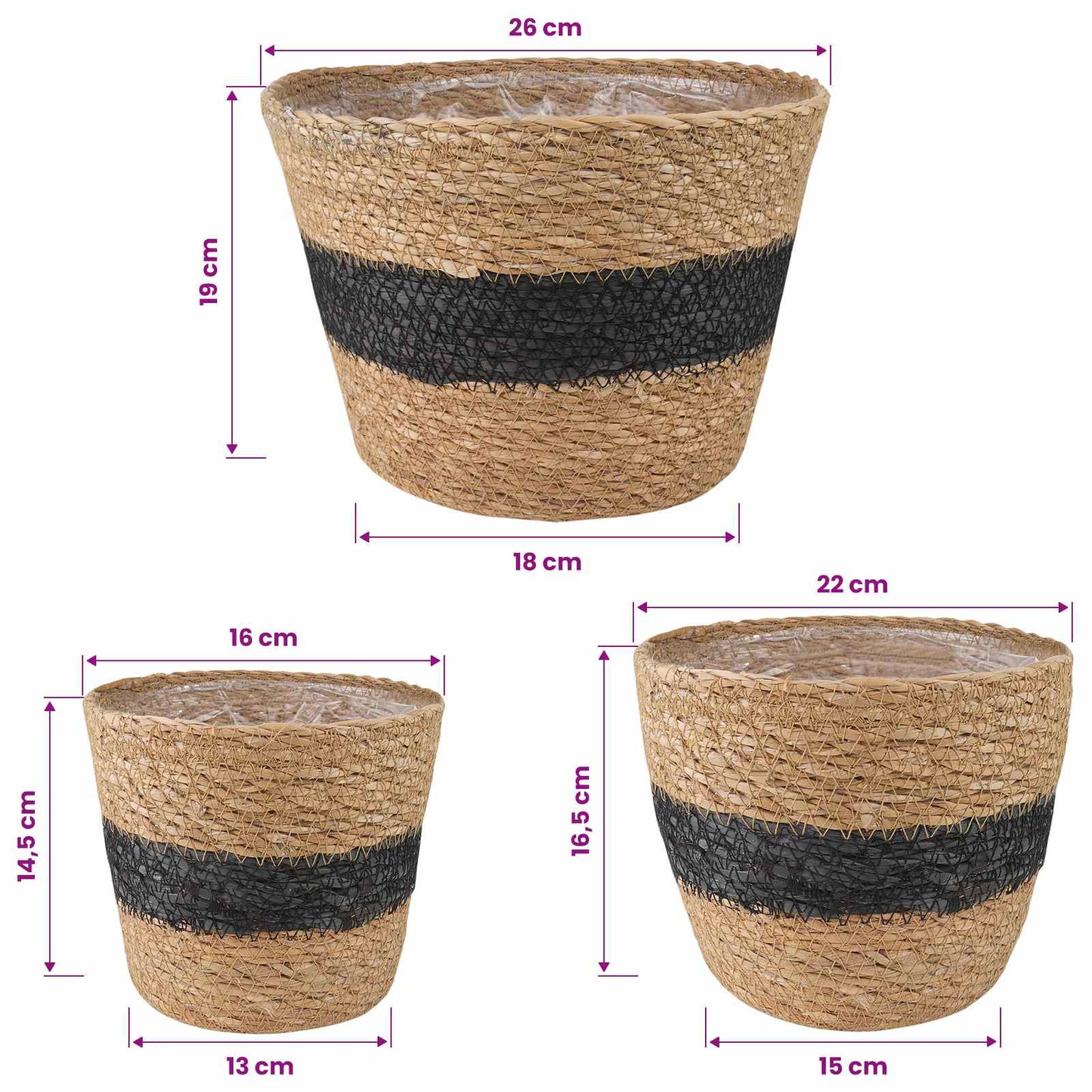 vidaXL 3 pcs Natural and Black Ø26 x 19 cm 100% Seagrass