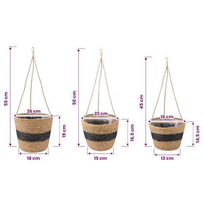 vidaXL Seagrass Plant Baskets 3 pcs Natural and Black Ø26 x 19 cm