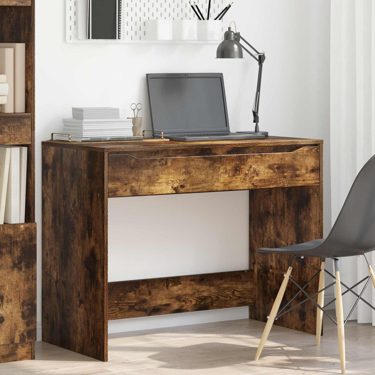 vidaXL Desk with Drawer Smoked Oak 100 x 50 x 78 cm Engineered Wood