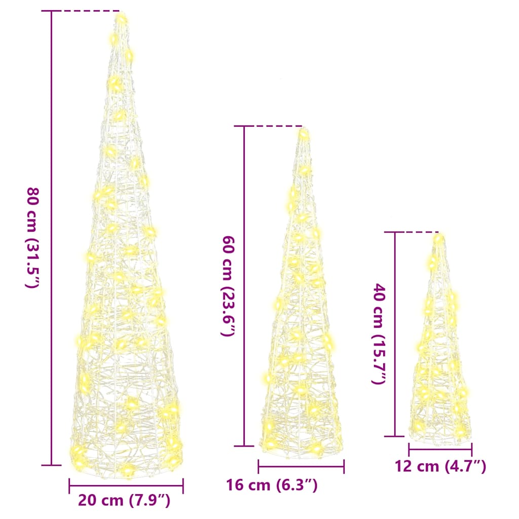 vidaXL Christmas Tree 3 pcs Warm white 20 x 20 x 80 cm Acrylic