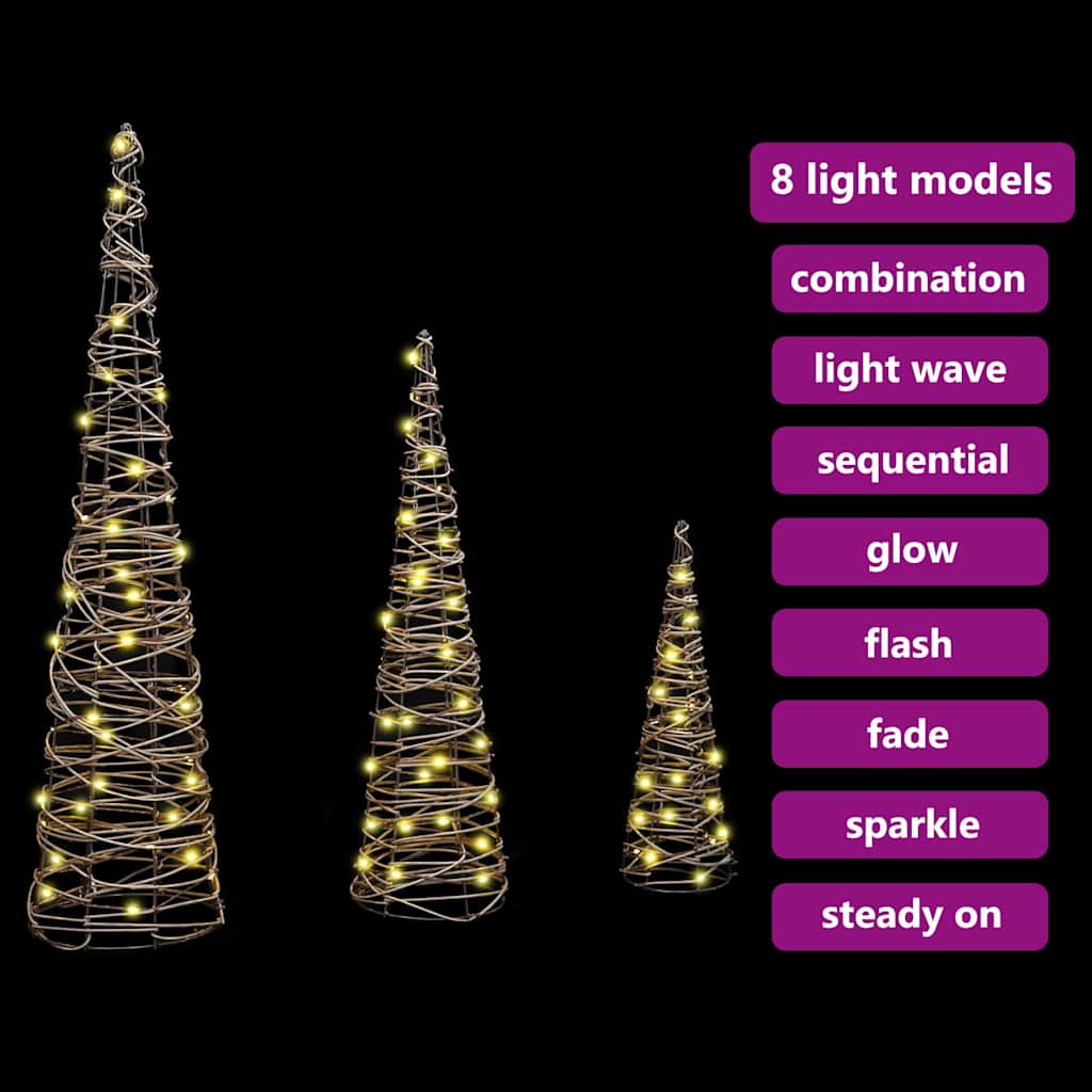 vidaXL Christmas Tree 3 pcs Warm white 20 x 20 x 80 cm Rattan