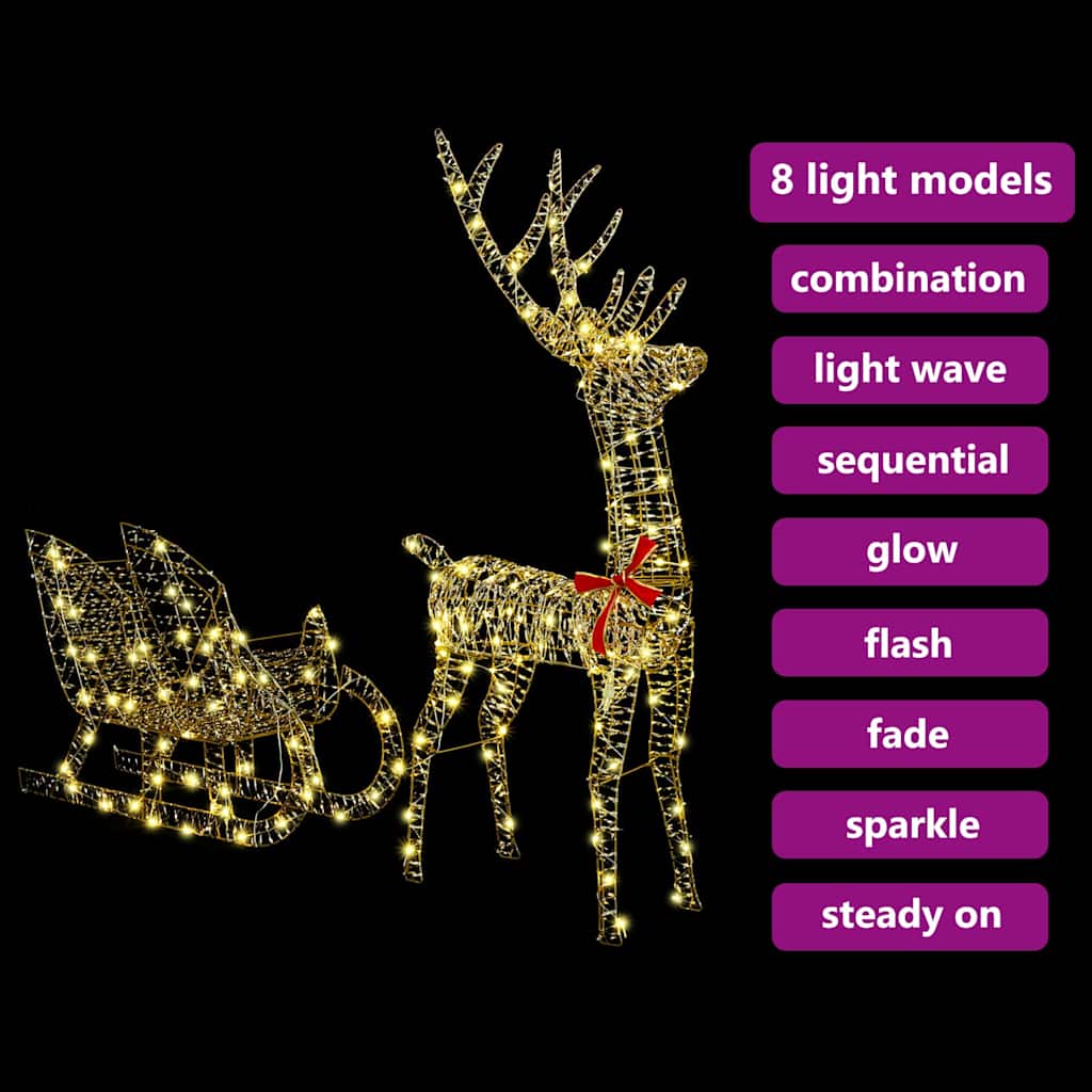 vidaXL Reindeer Pull Sleigh 200 LEDs Warm white 70 x 26 x 129 cm PET