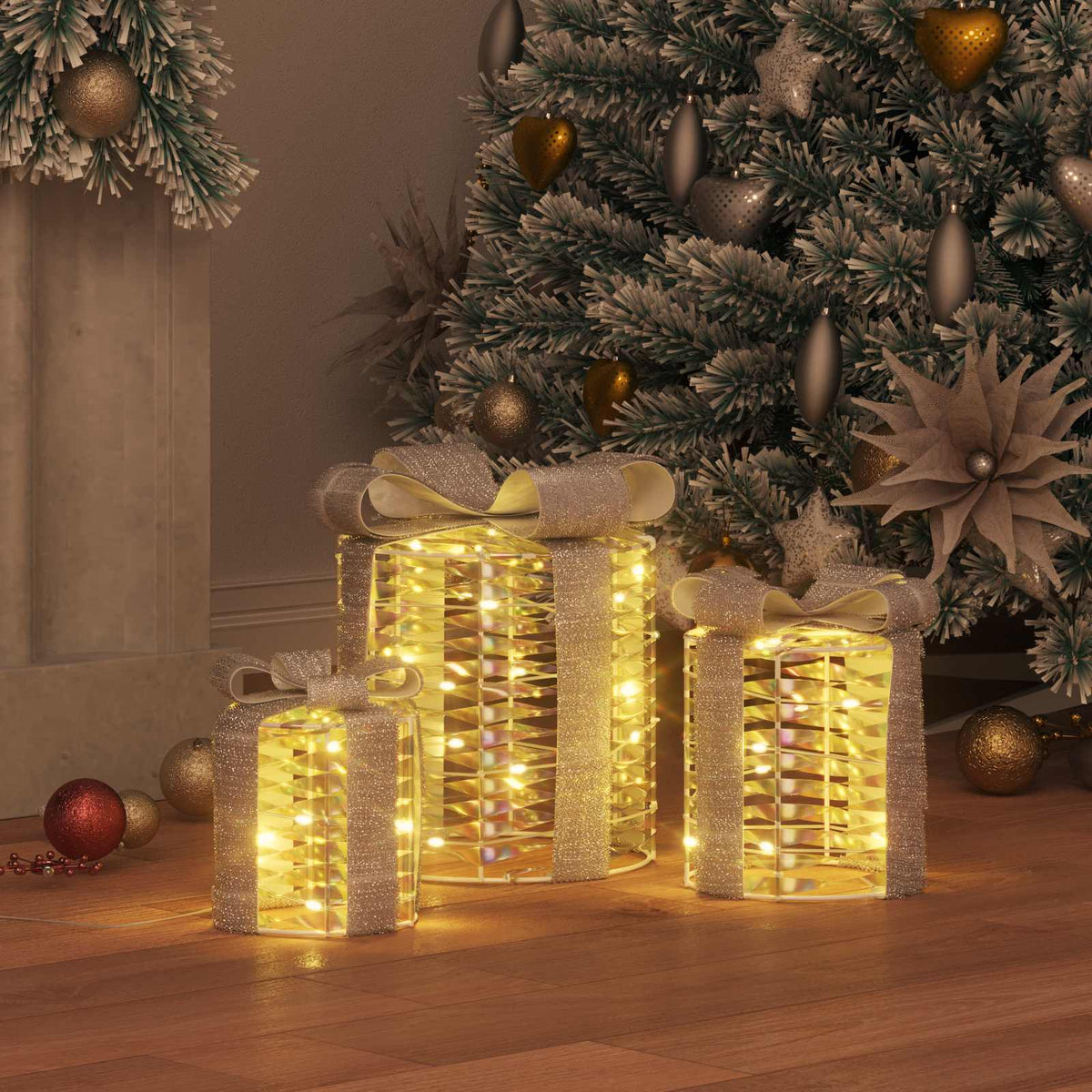 vidaXL Gift Box Decoration 3 pcs Warm white 20 x 20 x 20 cm PET