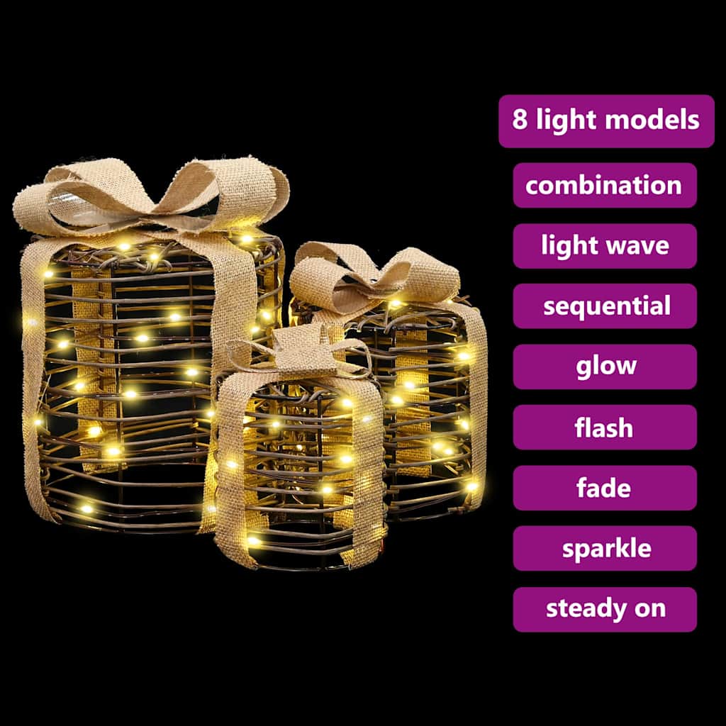 vidaXL Gift Box Decoration 3 pcs Warm white 20 x 20 x 20 cm Rattan
