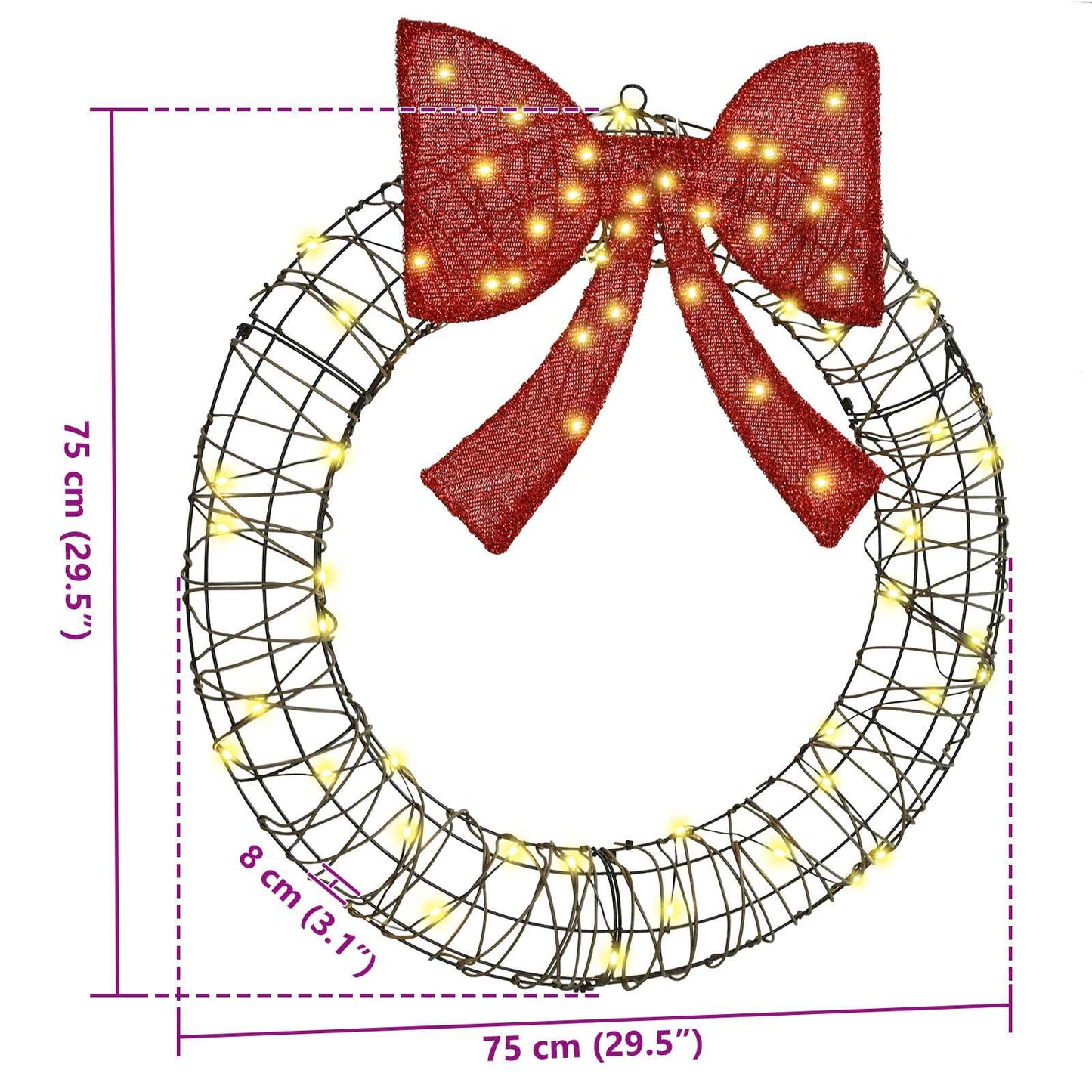 vidaXL Wreath with 60 LEDs Warm white 75 x 75 x 8 cm Rattan