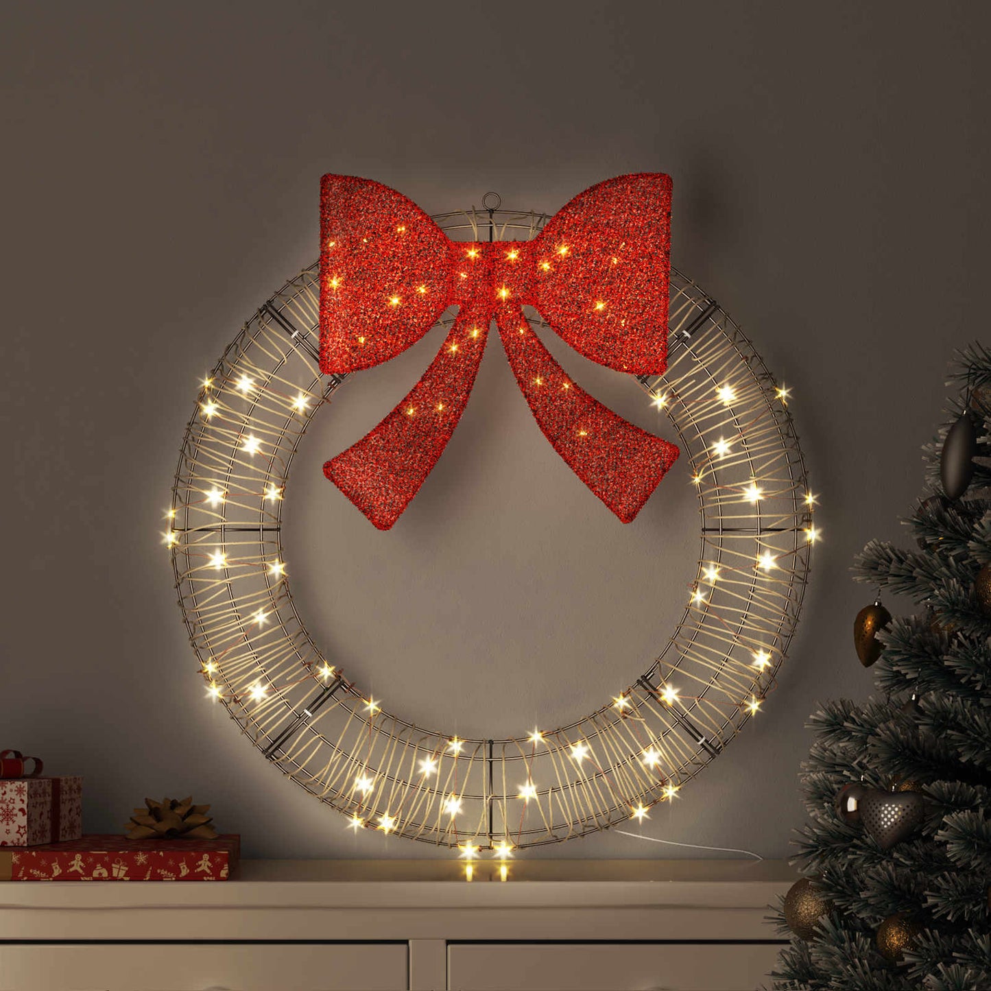vidaXL Wreath with 80 LEDs Warm white 90 x 90 x 9 cm Rattan