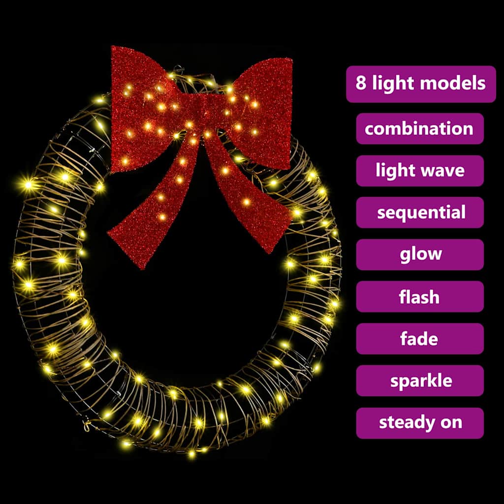 vidaXL Wreath with 80 LEDs Warm white 90 x 90 x 9 cm Rattan