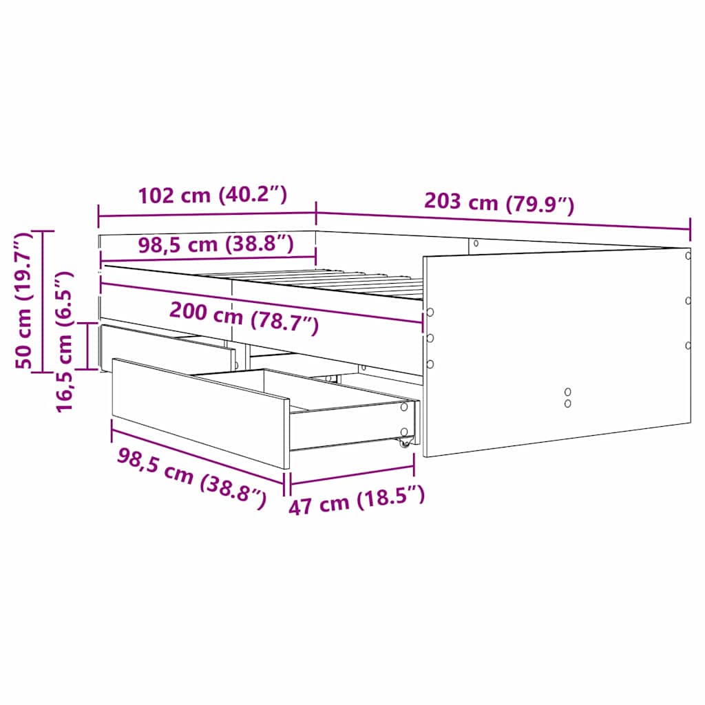 vidaXL Bed Frame with Drawer Artisan Oak 100 x 200 cm Solid Pine Wood
