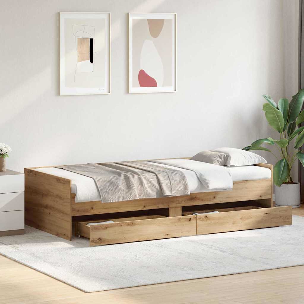 vidaXL Bed Frame with Drawer Artisan Oak 90 x 200 cm Solid Pine Wood
