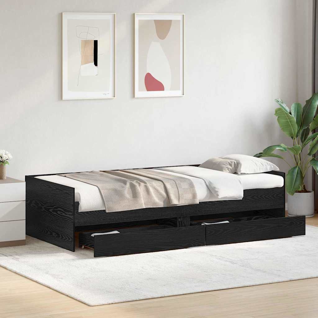 vidaXL Bed Frame with Drawer Black Oak 90 x 200 cm Solid Pine Wood